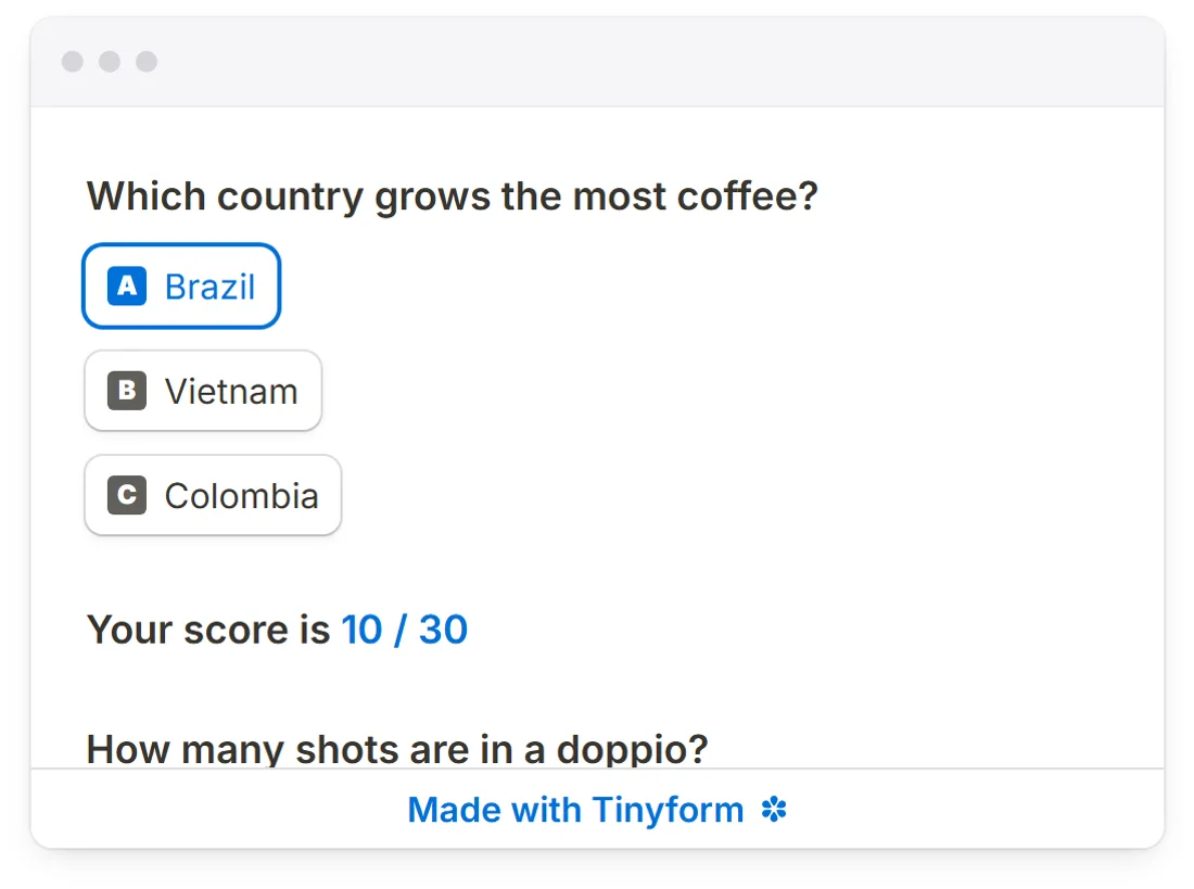 A quiz on its published page with an answer picked, and a score line under the title reading 10 out of 30 in blue.