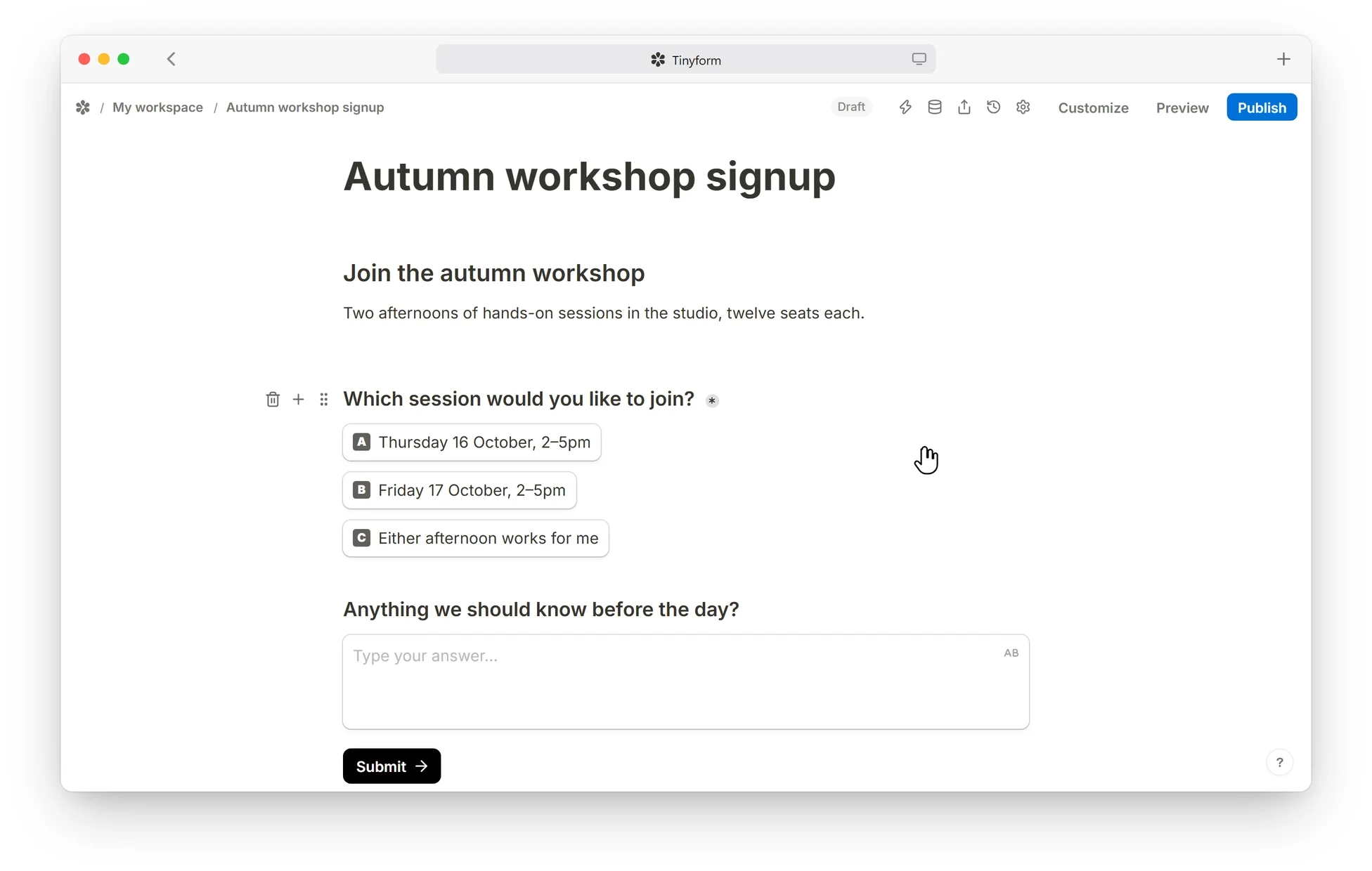 The editor: a line typed into a form, then a slash command opening the block list
and dropping an email question into the page.