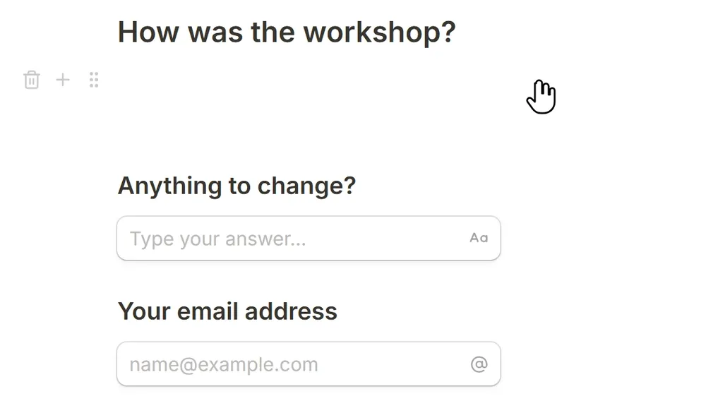 A line of text typed into a form in the Tinyform editor, then a slash command that narrows the block list to Multiple choice, and the question that lands when it is picked.
